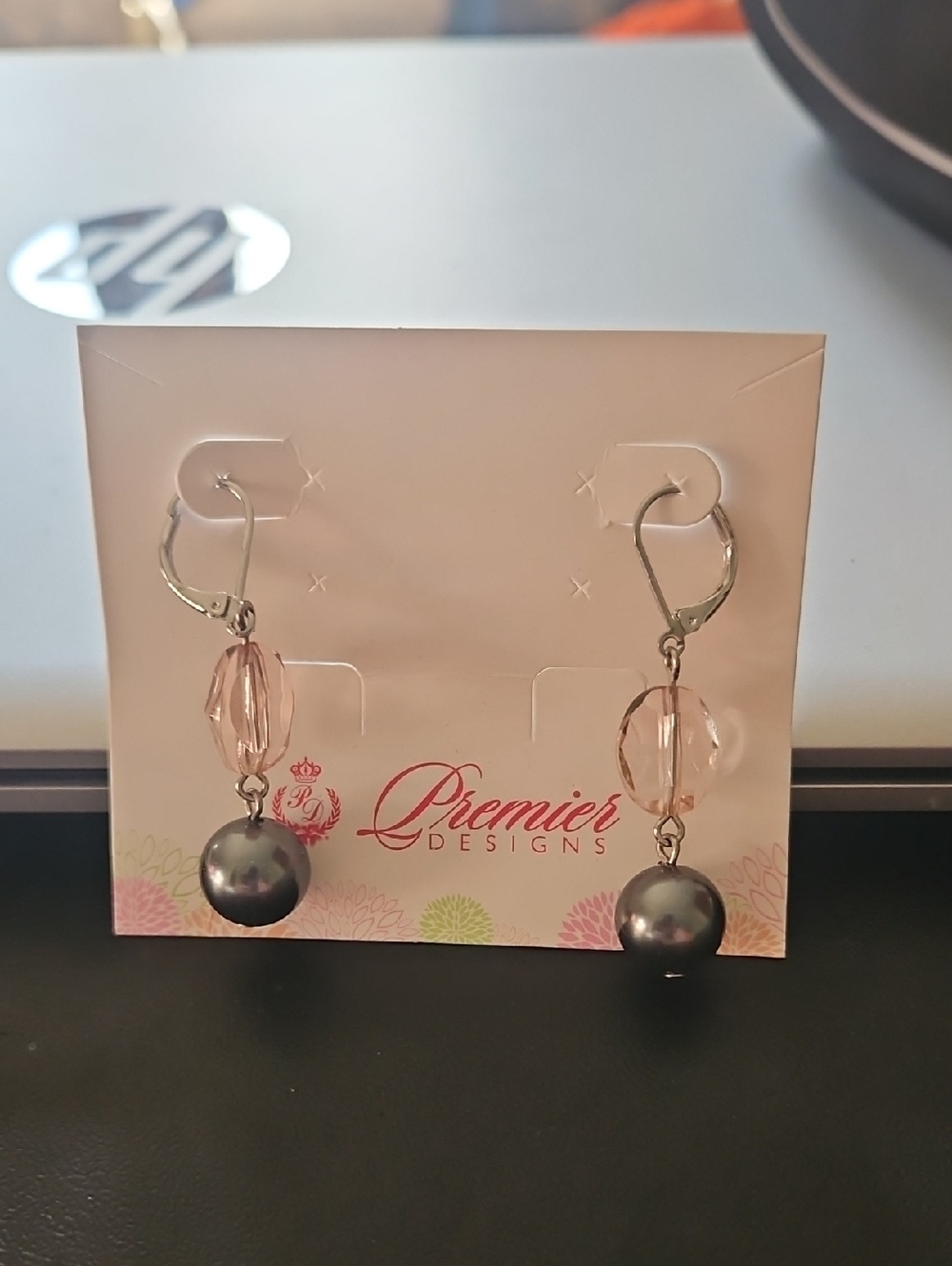 Premier Designs Pink Crystal and Gray Pearl Drop Earrings with Lever Backs